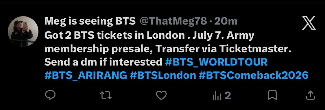 X post from @ThatMeg78 selling tickets
