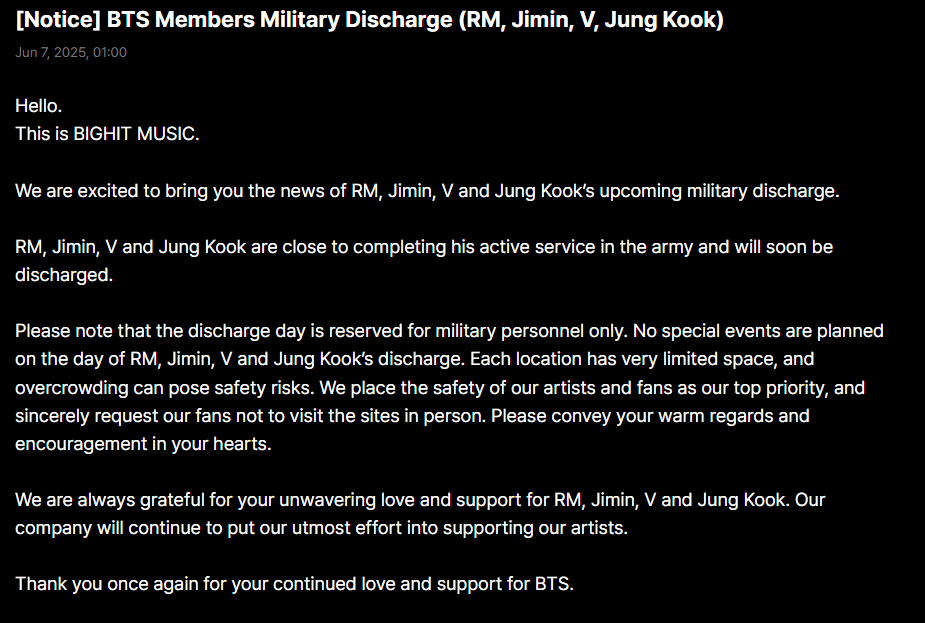 BTS Military Discharge Announcement