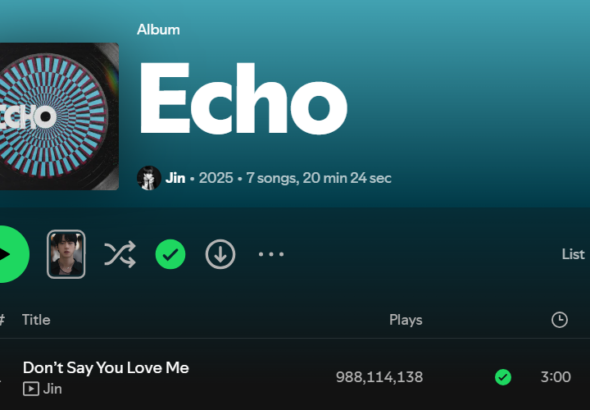 Jin Don't Say You Love Me Almost at 1 Billion Streams!