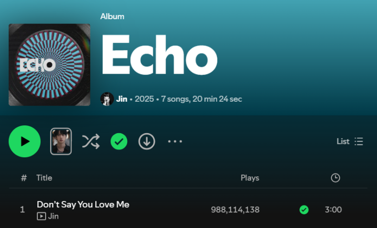 Jin Don't Say You Love Me Almost at 1 Billion Streams!